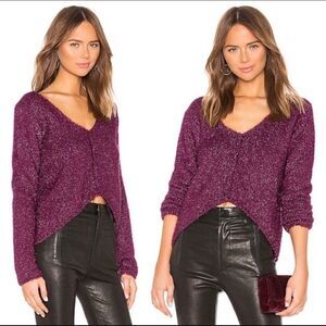 Lovers + Friends Gerona V-Neck High-Low Sweater in Magenta Glitter
